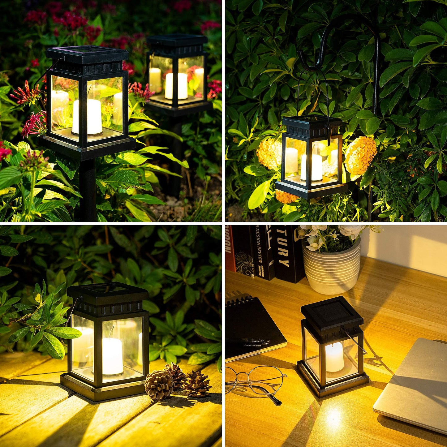 Solpex Solar Lanterns Outdoor - 8 Pack Led Hanging Lights, Waterproof, Candle Effect, Black, 3.5X3.5X16.2, Model 8374-X