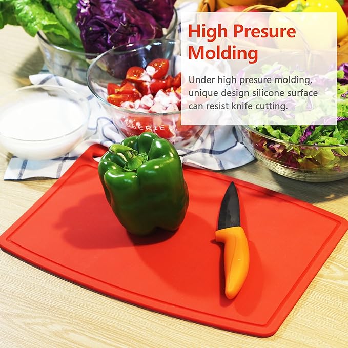 Liflicon Thick Silicone Cutting Board 12.6'' x 9.1'' Juice Grooves Easy Grip Handle Dishwasher Safe-Red