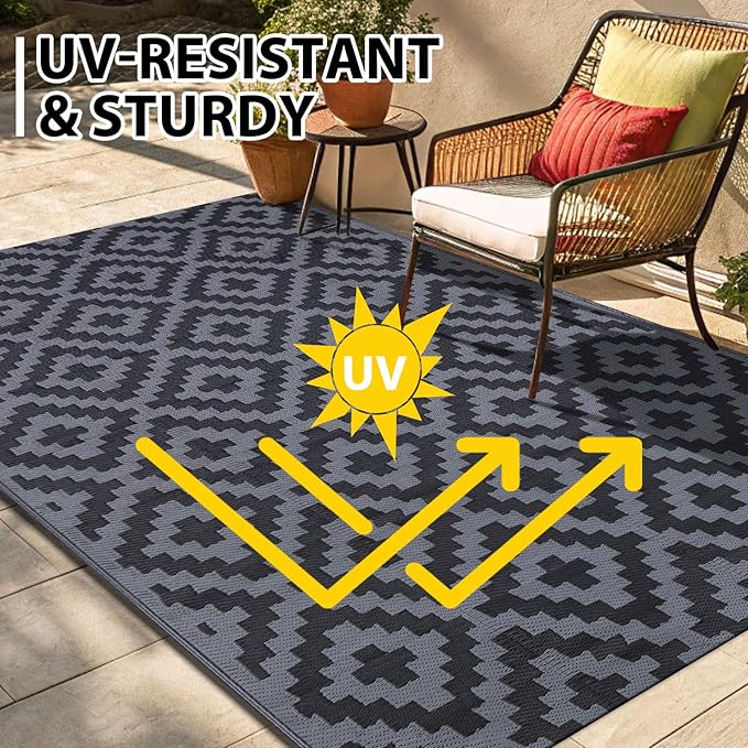 Smiry Waterproof Outdoor Rug 8x10 ft, Reversible Plastic Straw Patio Camping Rugs, Outdoor Indoor RV Mat Carpet for Patio, Outside Entry, Backyard, Deck, Bench, Picnic, Camper, Black & Grey