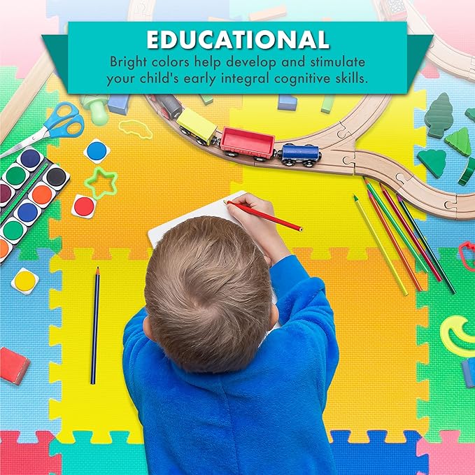 ProSource Foam Puzzle Floor Play Mat for Kids and Babies with Solid Colors, 36 or 16 Interlocking Tiles with Borders, Assorted
