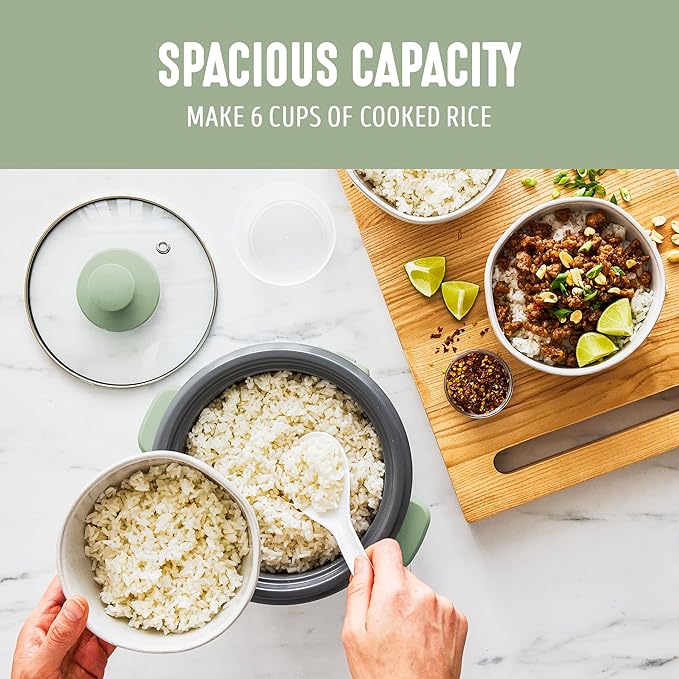 GreenLife Rice Cooker with Removable PFAS-Free Nonstick Pot, 3-Cups Uncooked/6-Cups Cooked, One-Switch Design, Auto Keep Warm Function, Soup, Grains, Oatmeal, Wood Handle, Sage Green