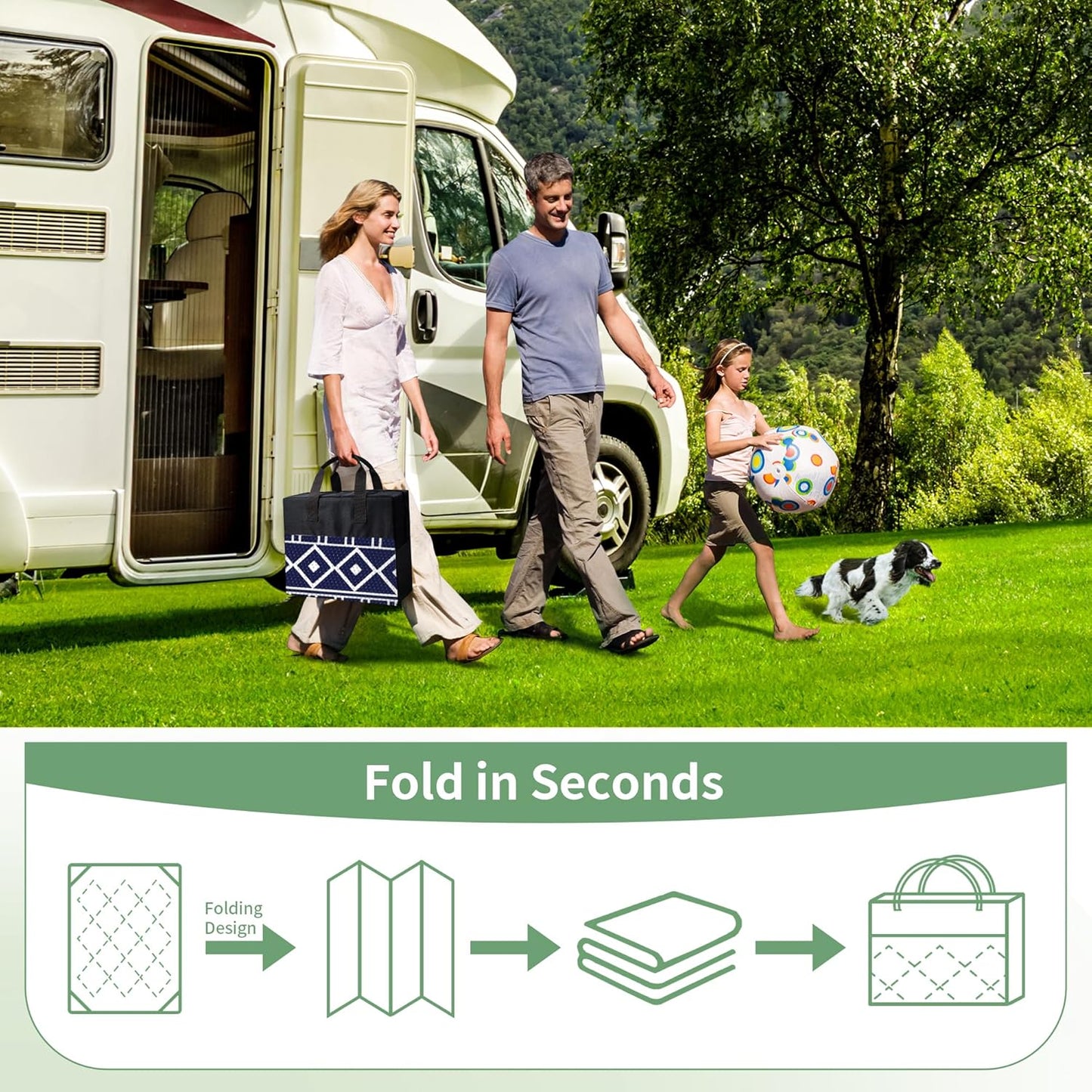 GENIMO Outdoor Rug Waterproof for Patio Decor, 9'x12' Foldable Reversible Plastic Straw Carpet for Travel Trailers, Outside Area Mat for Rv, Deck, Picnic, Porch, Camper, Balcony, Beach, Blue & White