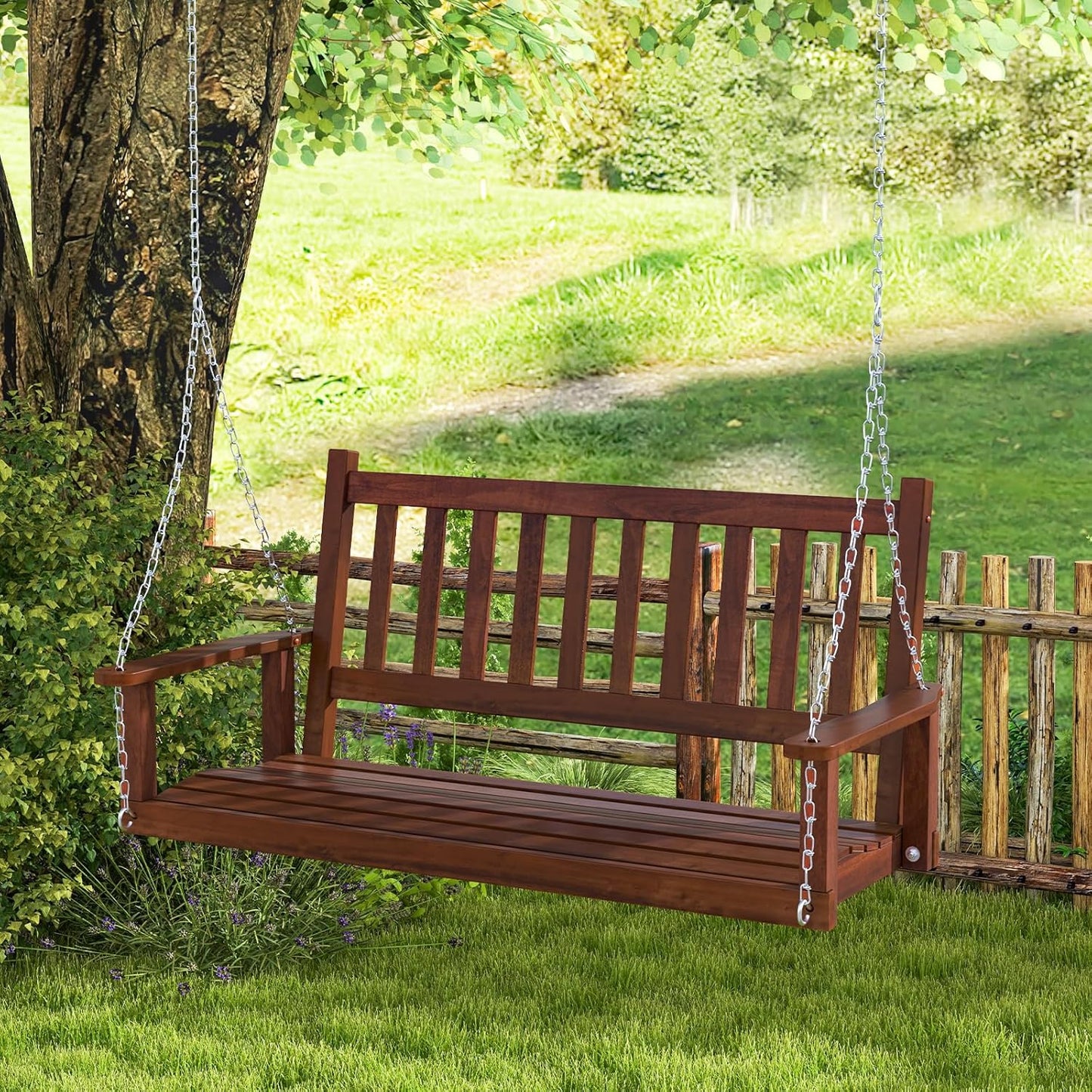 HAPPYGRILL 3-Person Wooden Outdoor Porch Swing, Heavy Duty Patio Hanging Bench Chair with 800 LBS Weight Capacity, 5.6 FT Adjustable Upper Chains, Slatted Back, Swing Bench for Garden, Backyard