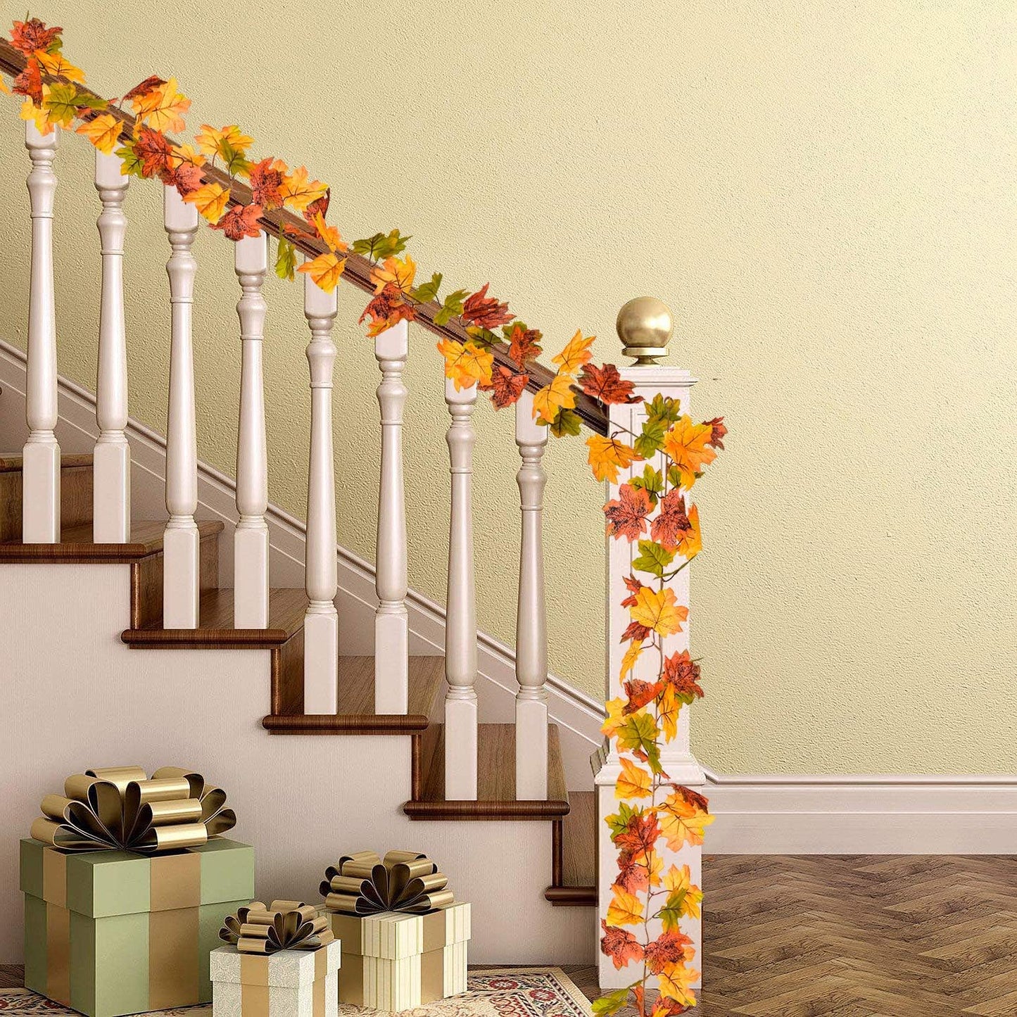 2 Pack Fall Maple Leaf Garland Artificial Maple Garland, Autumn Hanging Fall Leave Vines for Indoor Outdoor Wedding Thanksgiving Dinner Party Decor