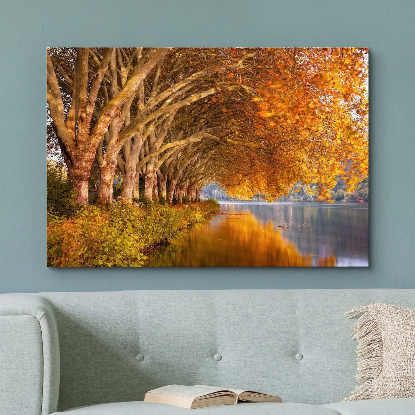 wall26 Canvas Print Wall Art Autumn Fall Orange Leaf Forest Lake Nature Wilderness Photography Realism Earth Scenery Rustic Scenic Landscape Colorful for Living Room, Bedroom, Office - 24"x36"