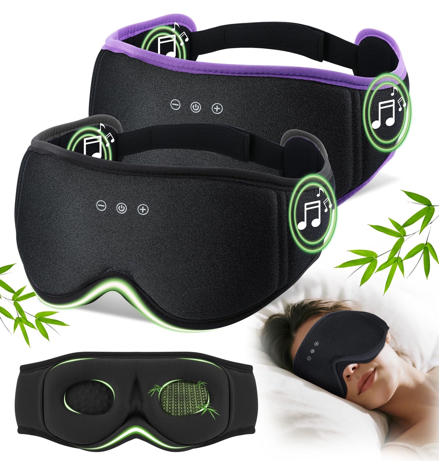 LC-dolida 2 Pack Bluetooth Sleep Mask, Bamboo Cotton 3D Blackout Contoured Bluetooth Sleep Headphones, Sleeping Eye Mask with 5.4 Bluetooth Headphones, Eye Sleep Mask for Side Sleepers, Black