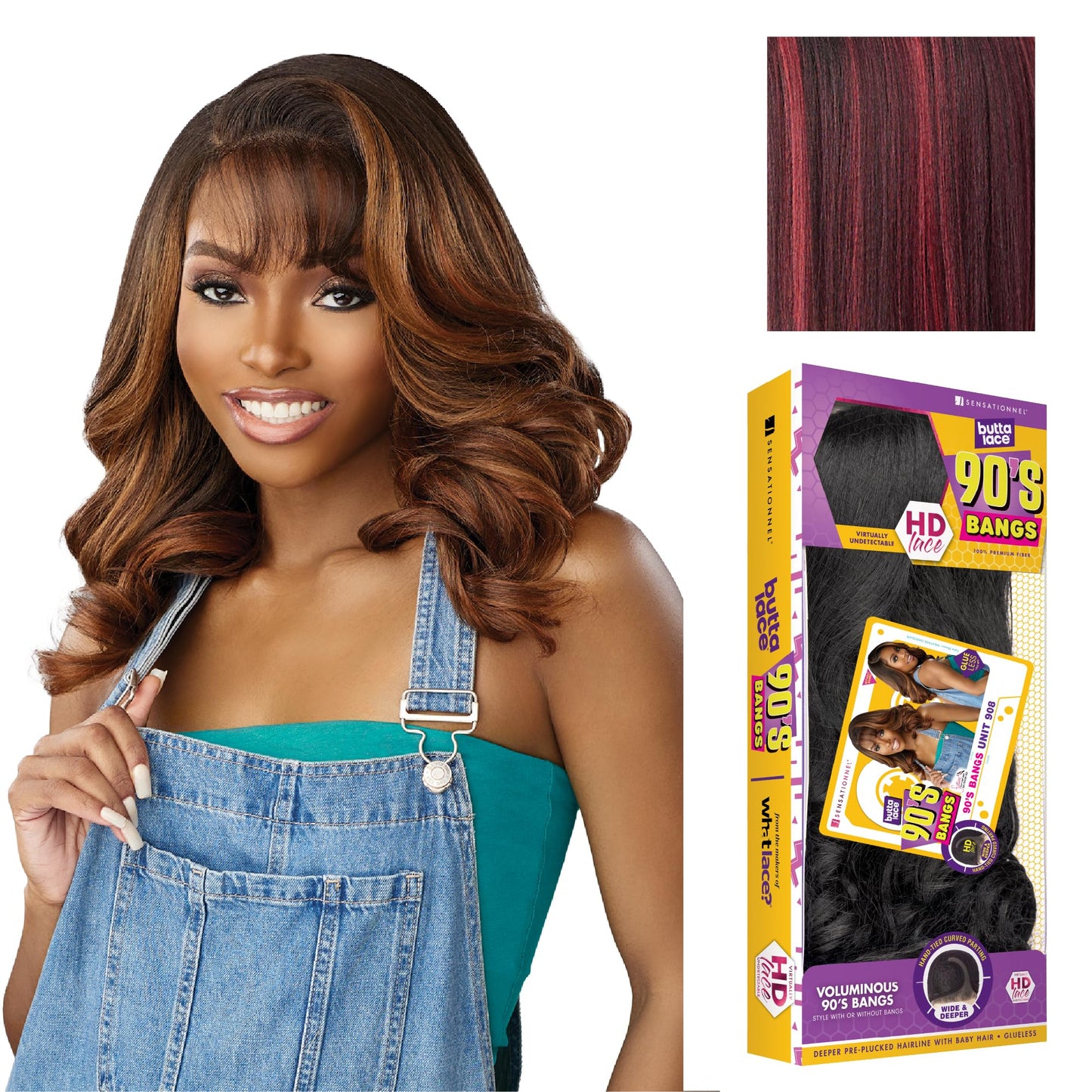 Sensationnel Butta Lace 90Sbangs Wigs - Unit 908 Glueless Wide Deep Part Synthetic Preplucked Hairline (BALAYAGEDARKCHERRY)