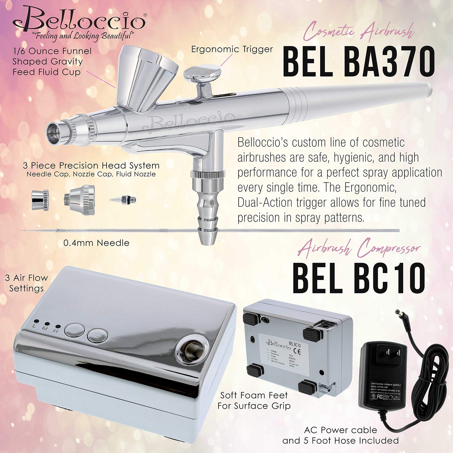 Complete Professional Belloccio Airbrush Cosmetic Makeup System with a MASTER SET of All 17 Foundation Color Shades in 1/4 oz Bo