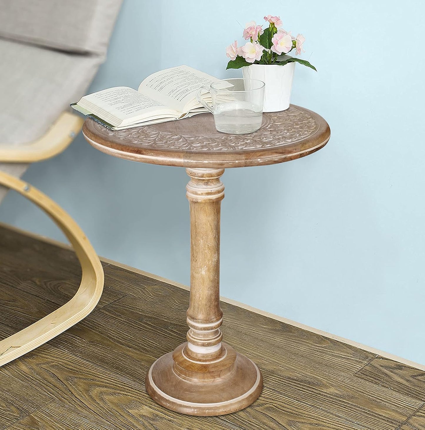 Lightnpro Carved Round End Table with Single Pillar - Handcrafted Accent Bedside Nightstand Side End Table for Living Room, Entryway, Vintage Desk for Books, Plants & Décor - 18x22 Inch - White Wash