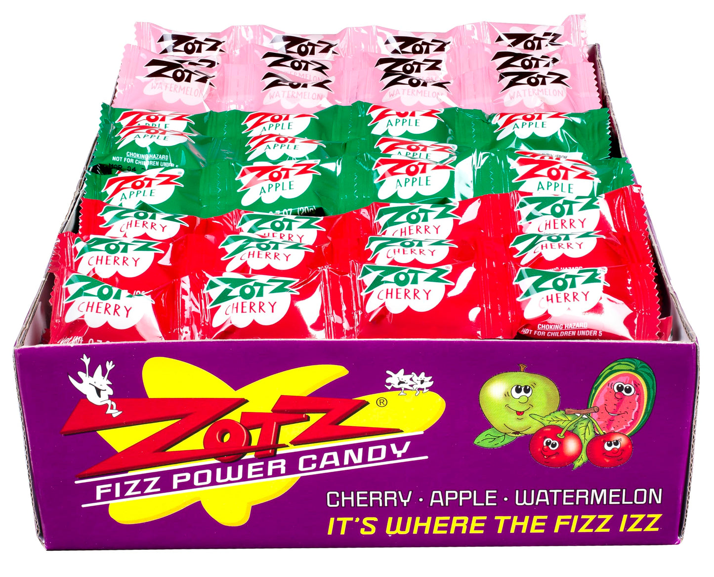 Zotz Fizzy Old Fashioned Hard Candy Assorted Fruit Flavored, Cherry, Apple, Watermelon Individually Wrapped. Filled With A Fizzy