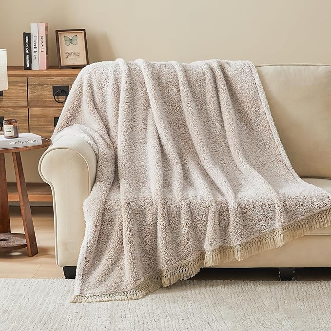 EMME Fleece Throw Blankets Soft Sherpa Plush Blankets for Couch Cozy Bed Blanket(Tassel Khaki, 90"x90")