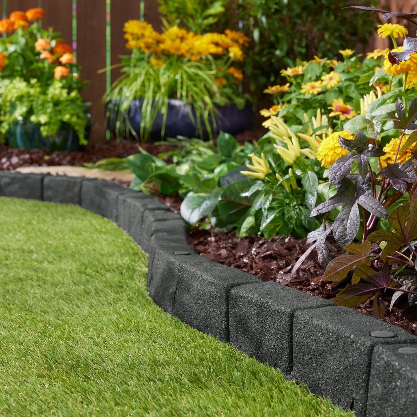 Rubberific 4' Rubber Cobblestone Flexible No Dig Landscape Mulch Border Edging with Anchoring Spikes for Lawns, Gardens, and Flower Beds - 4 Pack (Gray)