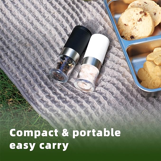 Mini Travel Portable Salt and Pepper Grinder Set, 2-Piece Ceramic Mill with Adjustable Coarseness, Compact Design with Carrying Bag (3.4oz) (Black&White)