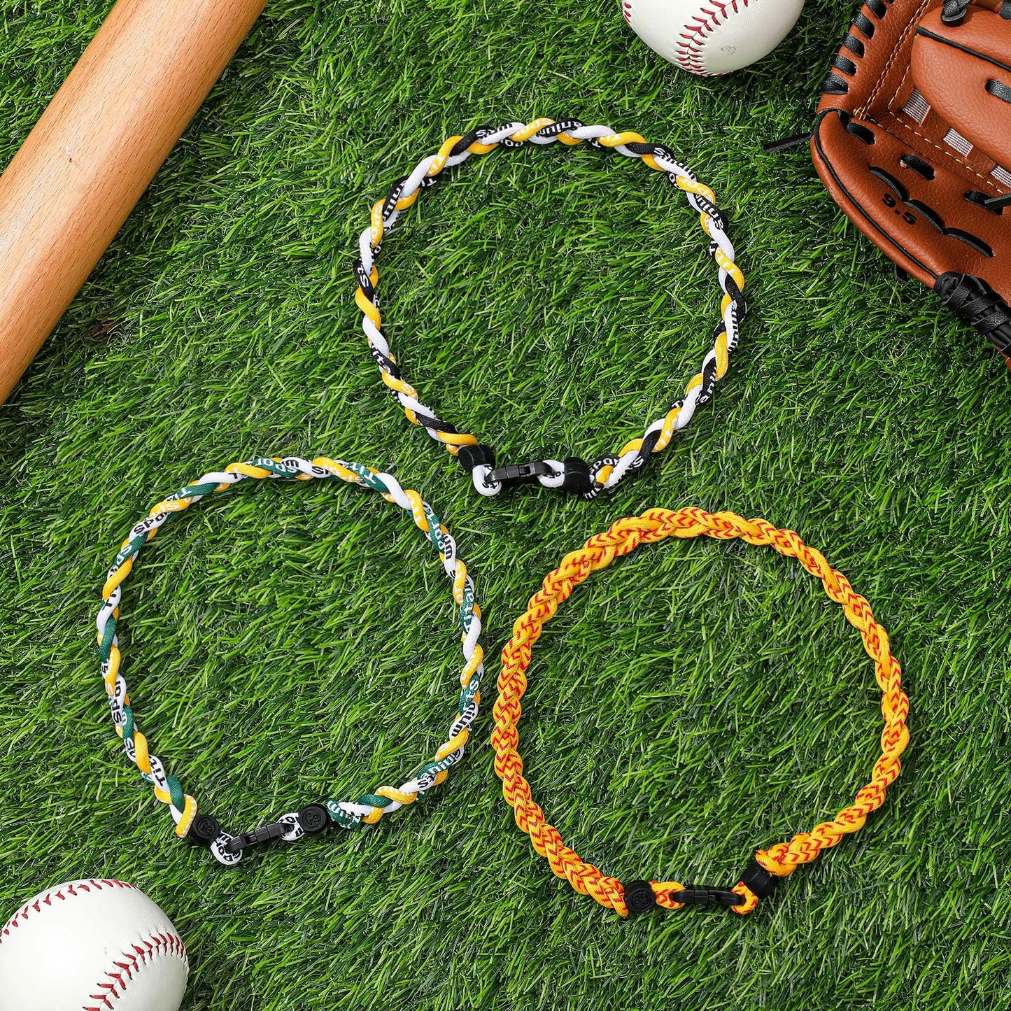 Junkin 3 Pcs Baseball Necklaces Three Braided Rope Titanium Necklace for Team Gifts Boys Men Player Softball Fans Sports (Yellow