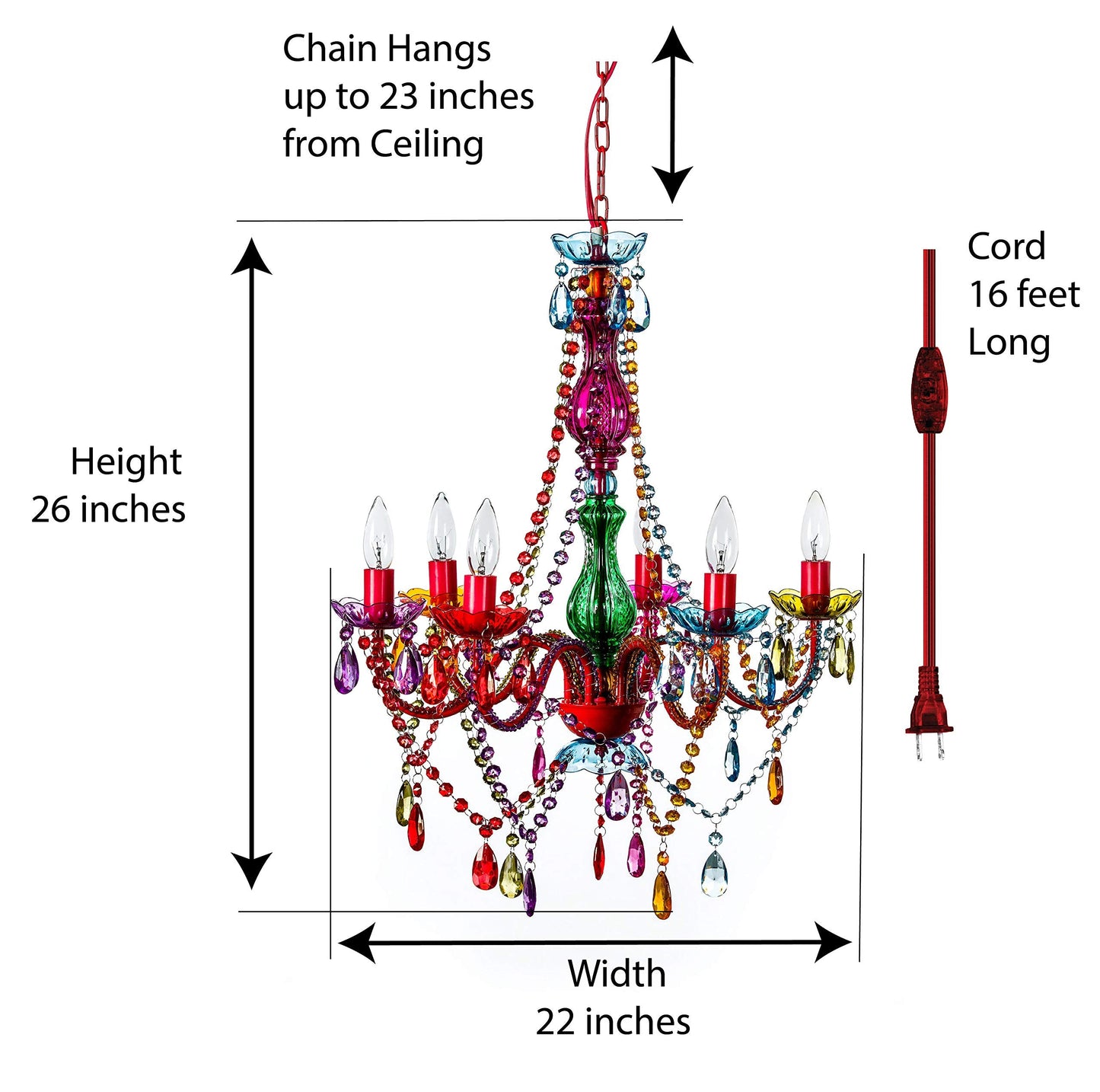 Gypsy Color 6 Light Multicolor Plug-In Chandelier, Red Metal Frame, Glass Stem, Acrylic Crystals, H26”Xw22”, Model Gylgmcp