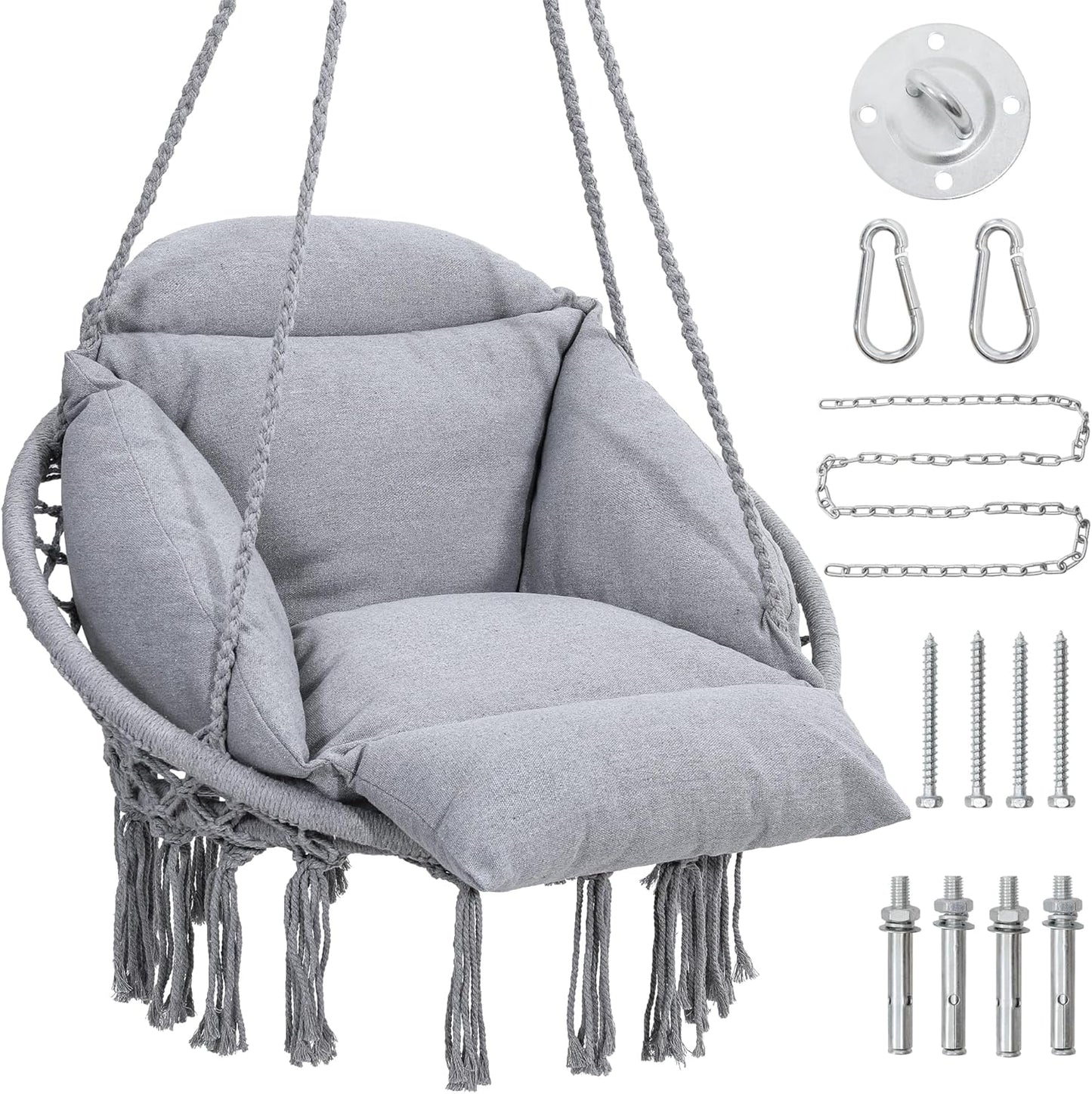 Macrame Hammock Hanging Swinging Chair with Oversized Cushion, Perfect for Bedroom, Porch, Kids, Adults, Balcony, Grey