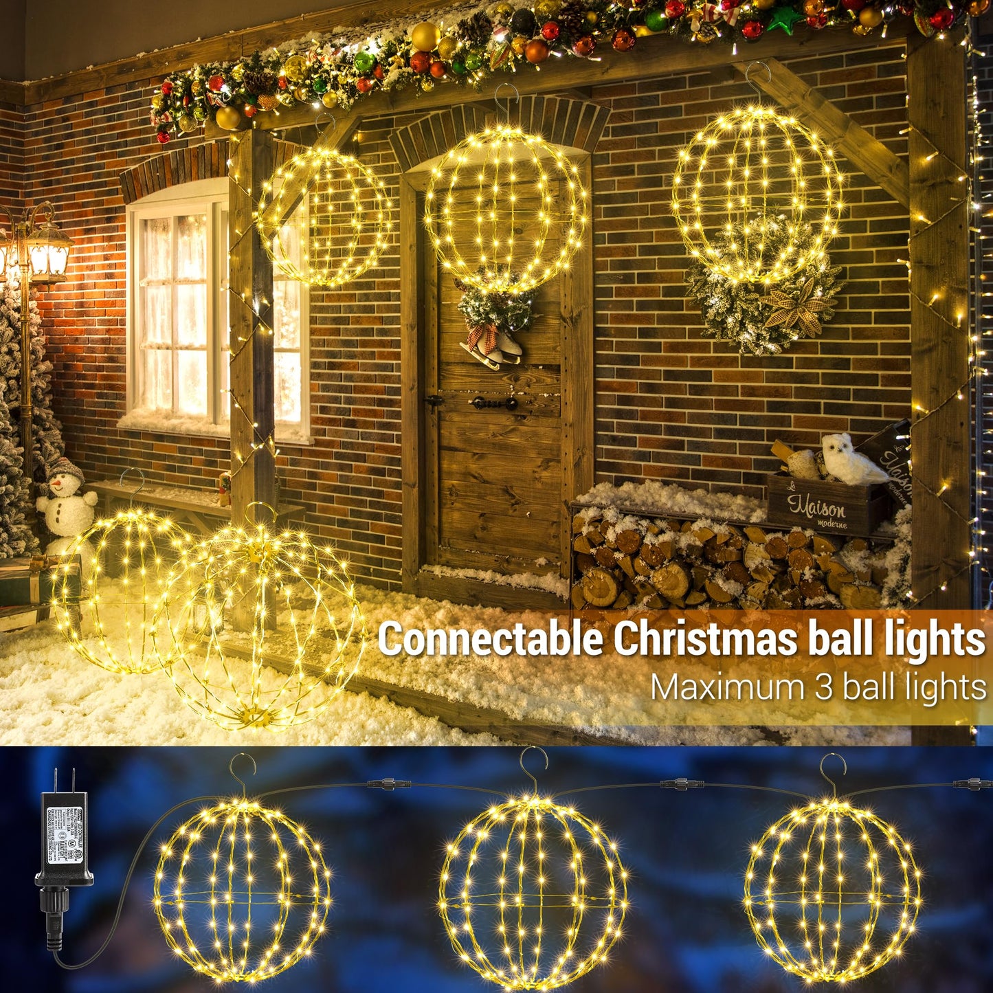 Flacchi Set Of 2 Christmas Hanging Ball Lights - 2 Sizes Of Connectable Hanging Tree Globe Fairy Lights With 8 Lighting Modes Timing Function Waterproof Indoor Outdoor (Warm White)