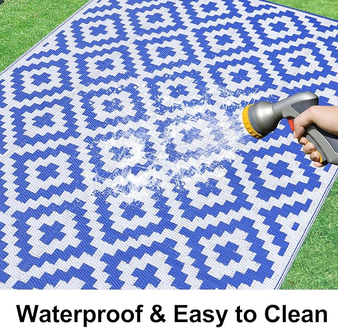 Smiry Waterproof Outdoor Rug 9x12 ft, Reversible Plastic Straw Patio Camping Rugs, Outdoor Indoor RV Mat Carpet for Patio, Outside Entry, Backyard, Deck, Bench, Picnic, Camper, White & Blue