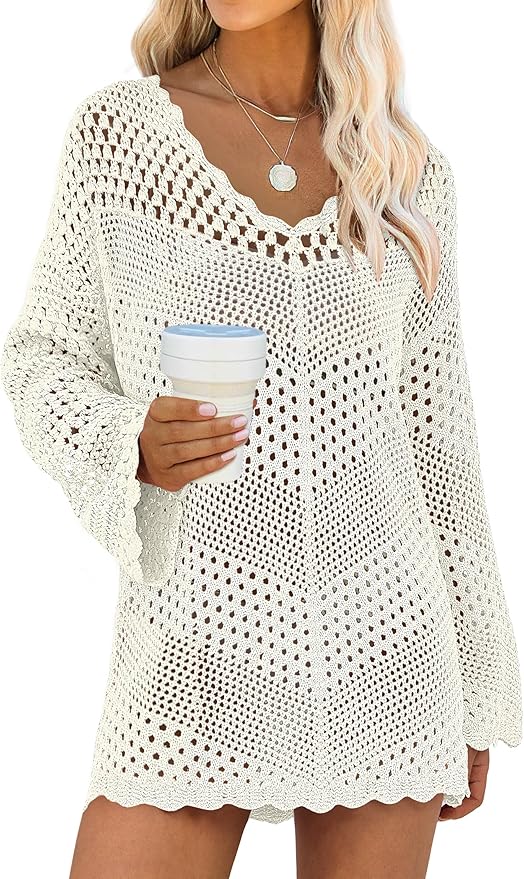 ANRABESS Swimsuit Cover Up for Women Crochet Bathing Suit Summer Swimwear V Neck Mesh Knit Dress 2026 Beach Vacation Clothes