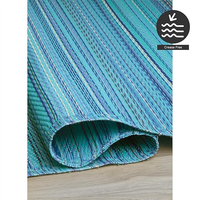FH Home Outdoor Camping Rug - Waterproof, Fade Resistant, Reversible - Premium Recycled Plastic - Striped - Patio, Deck, Sunroom, RV - Havana - Turquoise - 5 x 8 ft Foldable
