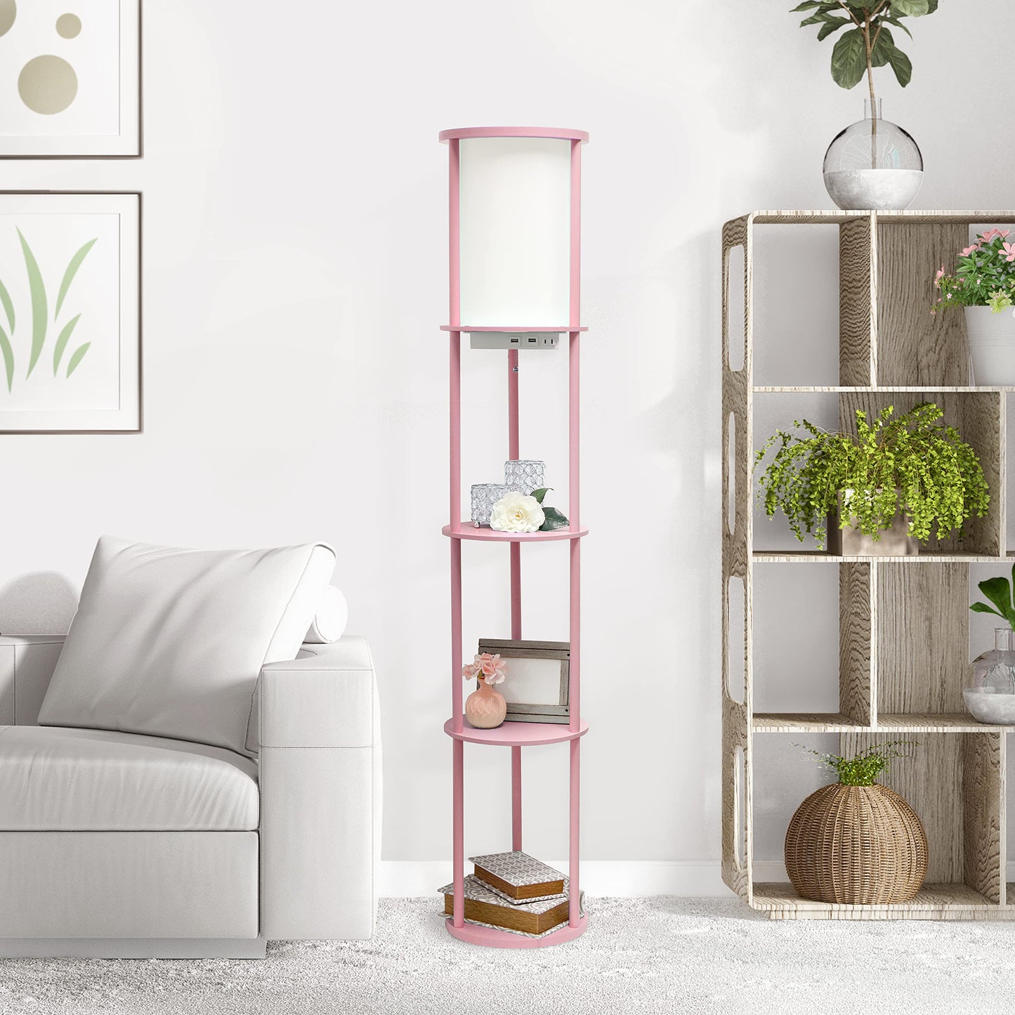Simple Designs LF2010-LPK Round Shelf Etagere Floor Lamp with USB Ports, Light Pink