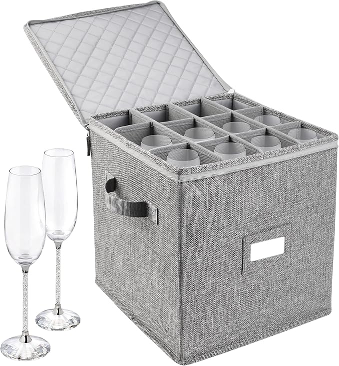 LotFancy Champagne Flute Storage Container, Hard Shell, Stackable, 12" Tall Wine Glass Storage Box with Dividers & Handle...