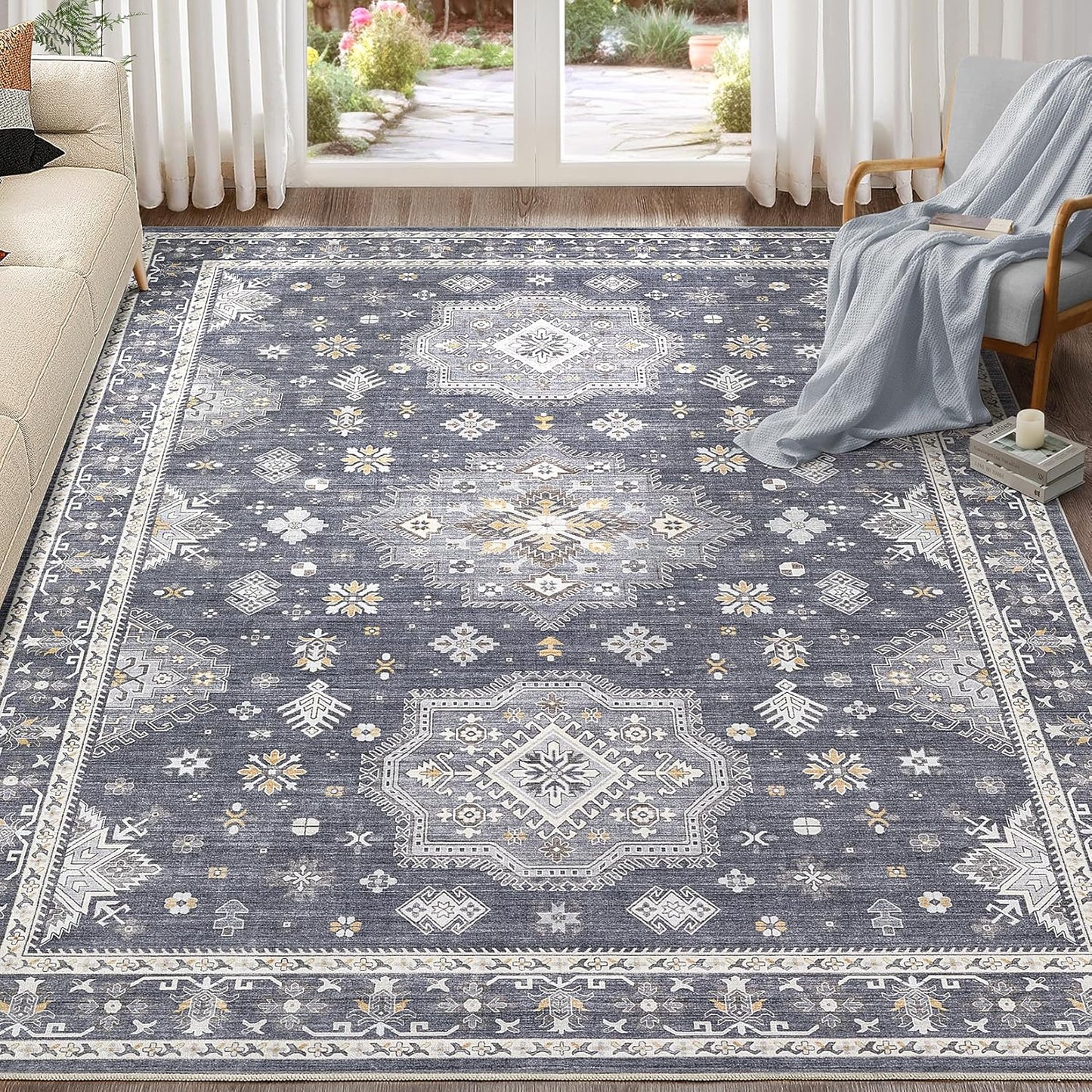 Washable Area Rugs for Living Room -10x14 Neutral Vintage Distressed Floral Farmhouse Boho Large Soft Floor Rug Indoor Non Slip Carpet for Living Room Bedroom Dining Room Office - Denim Blue/Grey