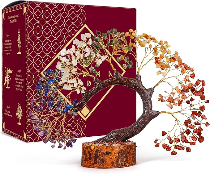 KARMAPLEDGE 7 Chakra Crystal Tree of Life for Home, Office Desk Decor, Handmade Bonsai Trees for Positive Energy, Money, Good Luck Birthday Gifts for Women, Mom