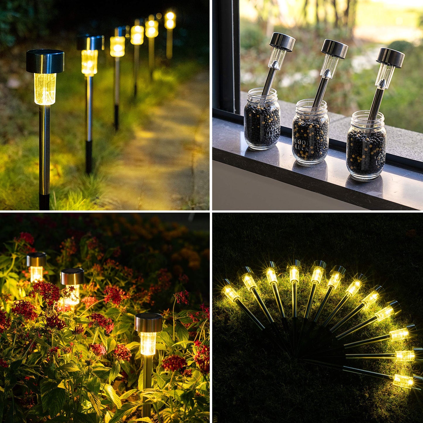 GIGALUMI Solar Pathway Lights 12 Pack, Stainless Steel, IP44 Waterproof, Warm White, Model 8374-12N