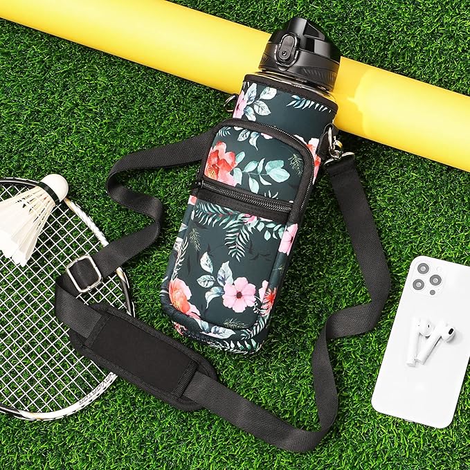 Fimibuke 32 oz Water Bottle with Sleeve - BPA Free Leakproof Sport Large 1L Plastic Motivational Water Bottle with Straw Strap & Insulated Neoprene Holder Carrier Bag Great Xmas Gift for Women Men
