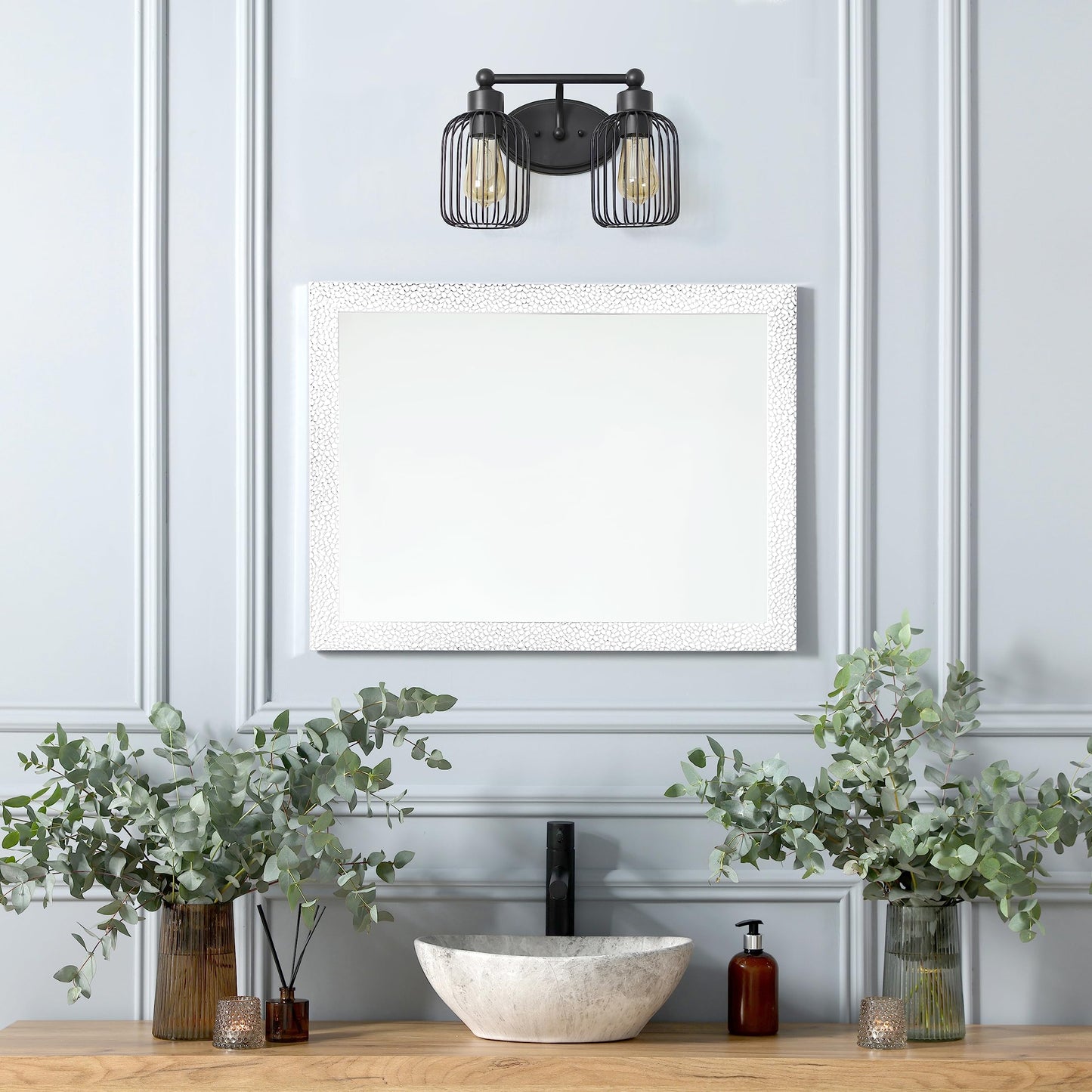 Elegant Designs Vt1021-Blk 14 Black Iron Industrial Farmhouse Wall Vanity Fixture With Metal Birdcage And Oval Backplate