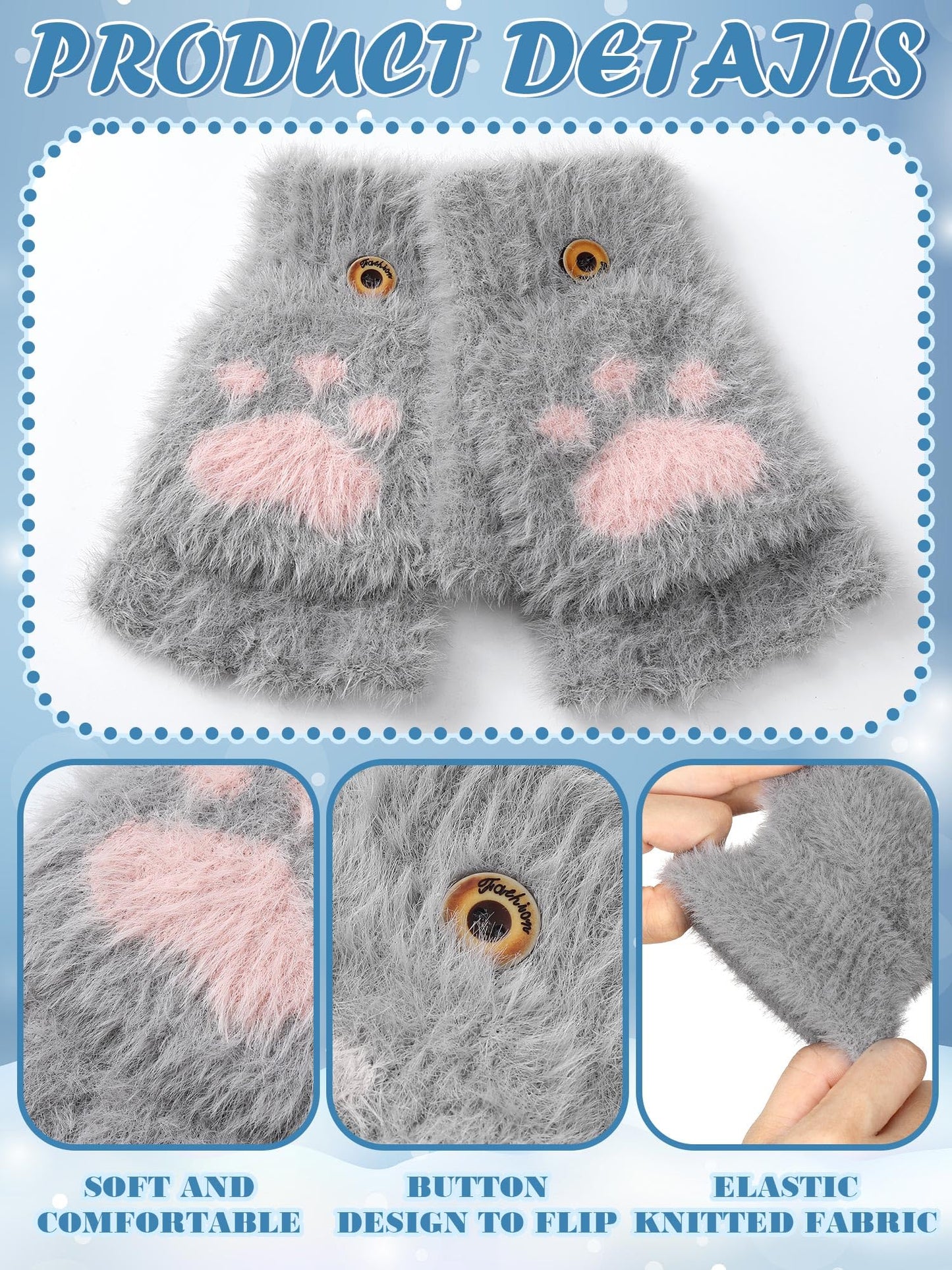 Bencailor 3 Pairs Winter Gloves Fingerless Convertible Mittens Thermal Cat Paw Rabbit Ears Gloves Windproof Warm for Women (Dark Gray, White, Light Khaki,over 15 Years,Paw Style)