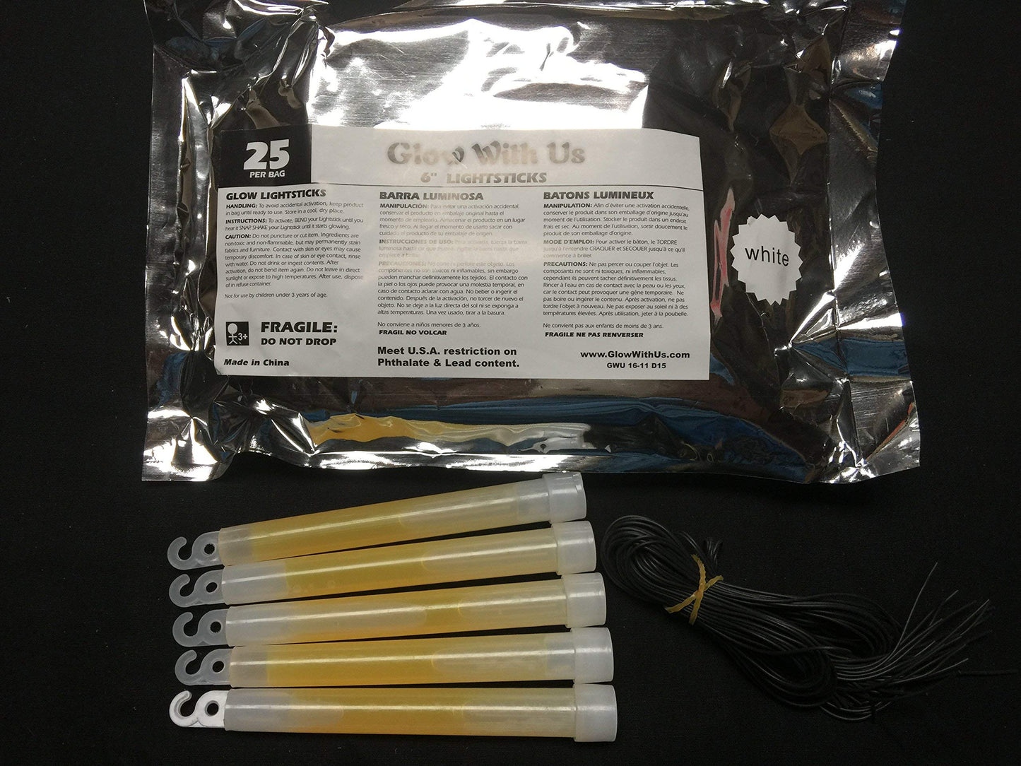 Glow With Us Glow Sticks - 25 Pack, 6” White Plastic Industrial Grade, 12-14 Hour Bright Glow, 3-Year Shelf Life