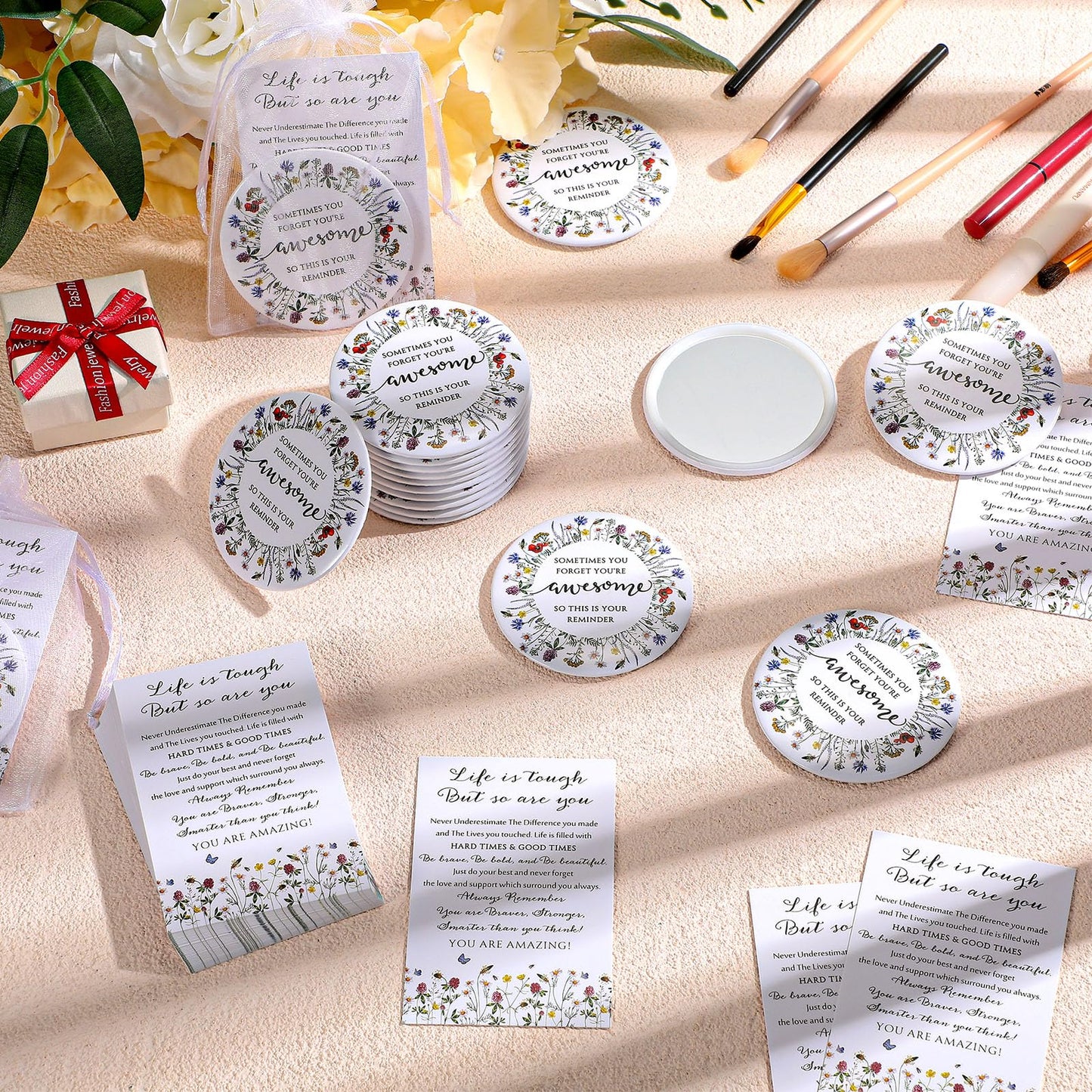 Cinnvoice 50 Set Inspirational Compact Mirror Bulk Appreciation Gifts for Women Mini Makeup Pocket Purse Mirror with Thank You C