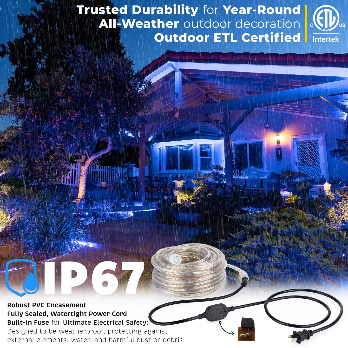 WYZworks LED Rope Lights, Waterproof, 20ft, Blue, Flexible PVC Tube, ETL Certified, Outdoor Holiday Decorative Lighting
