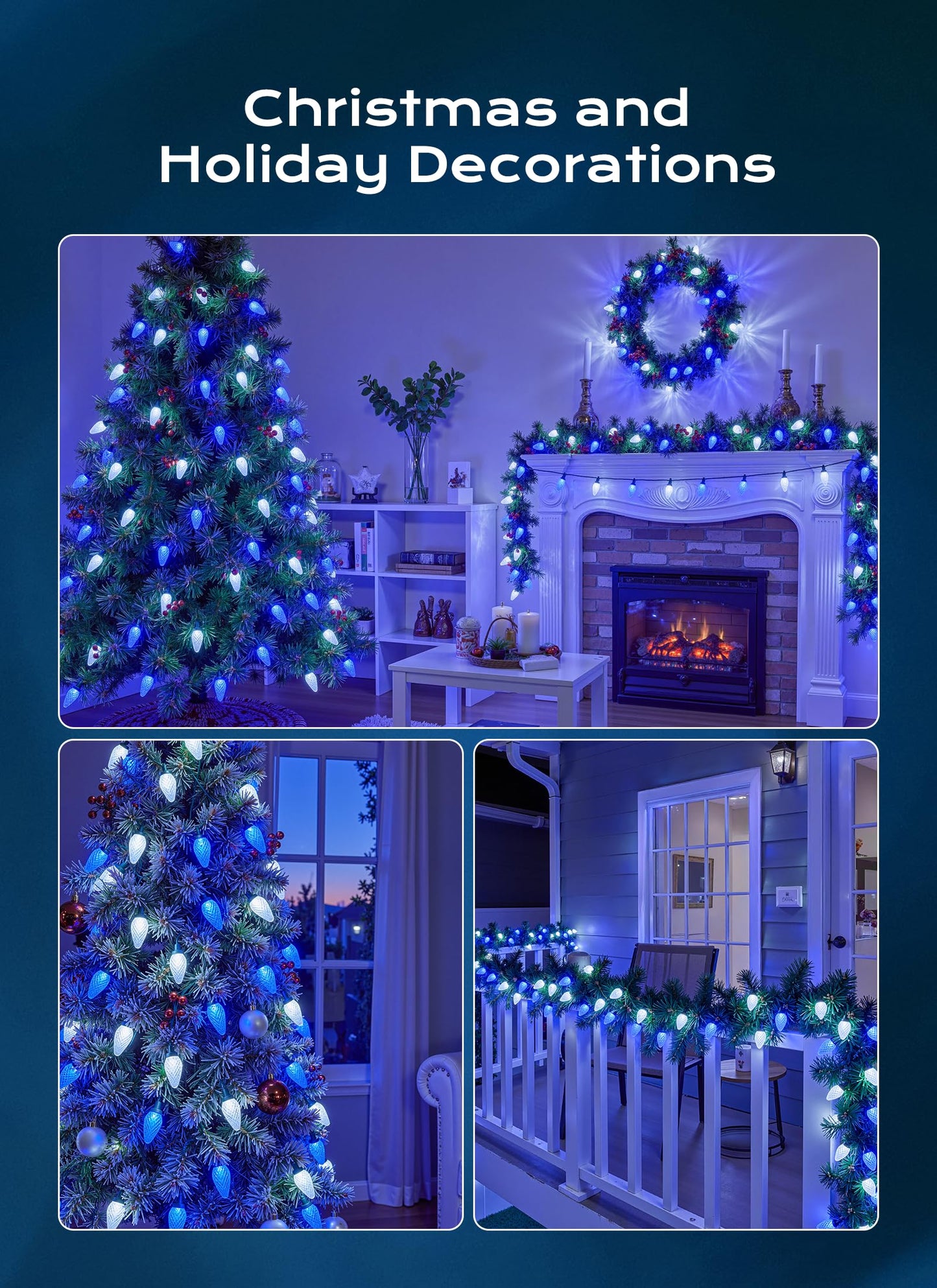 C9 Christmas Lights Outdoor  66 Ft 100 Led Connectable C9 String Lights With 8 Modes And Timer Xmas Tree Patio Roofline Garden Yard Holiday Party Indoor Outdoor Decoration  Blue And White