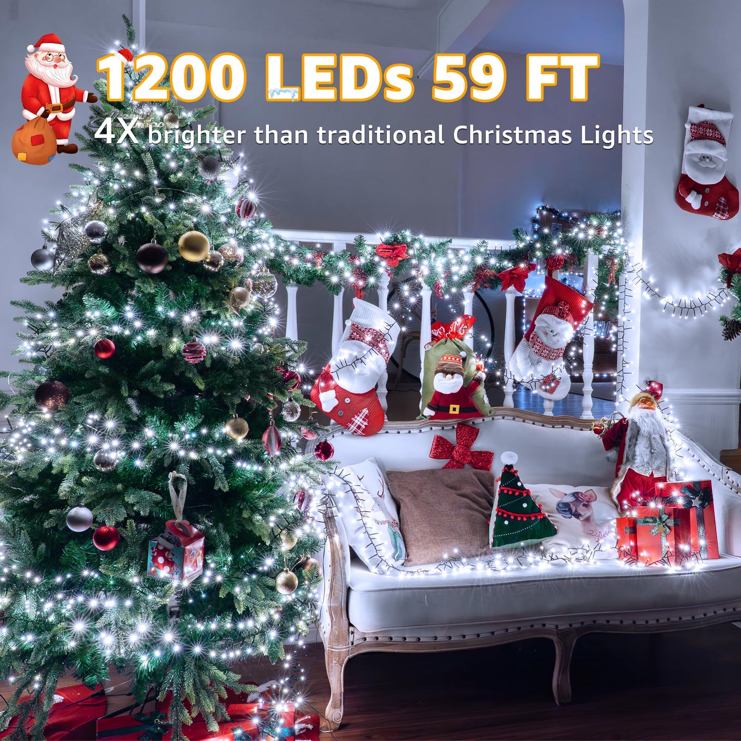 Ccinny 1200 Led 59 Ft Cluster Lights  White Christmas Tree Lights 8 Modes Timer Remote  Waterproof String Lights For Indoor Outside Garland Xmas Decorations