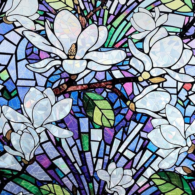 DKTIE Magnolia Pattern Stained Glass Window Film Floral Decorative Window Privacy Film with Rainbow Effect Front Door Bathroom Room Decor (S677, 17.7in X 118.1in)