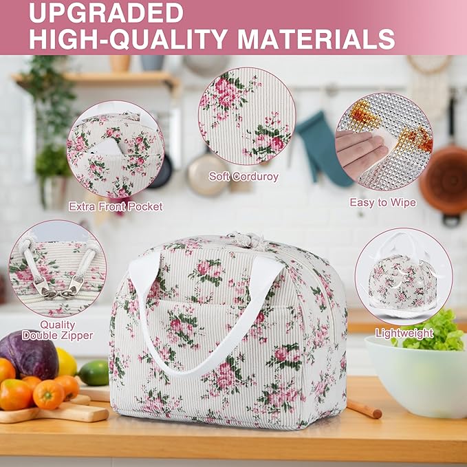 Lunch Bag - Insulated Lunch Box for Women, Reusable Large Capacity Cooler Bag for Adult, Small Leakproof Cute Corduroy Lunch Tote for Work Office Travel Picnic (Pink Flower)