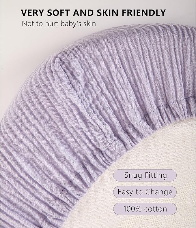 TILLYOU Muslin Bassinet Sheets Girls Boys, 100% Cotton Bassinet Sheets, Fit Oval, Rectangle and Square Mattress, 2 Pack，Light Purple&Light Pink