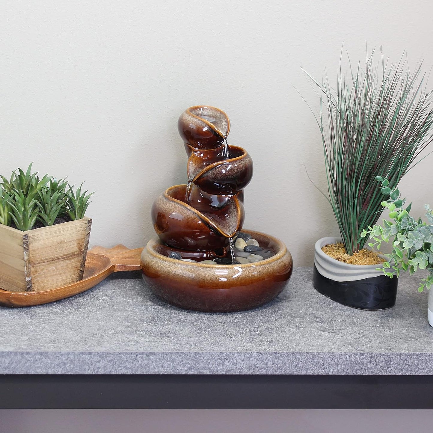 Sunnydaze Tiered Vessels Ceramic Tabletop Water Fountain - Relaxing Indoor Fountain for Office, Bedroom, or Living Room - Brown