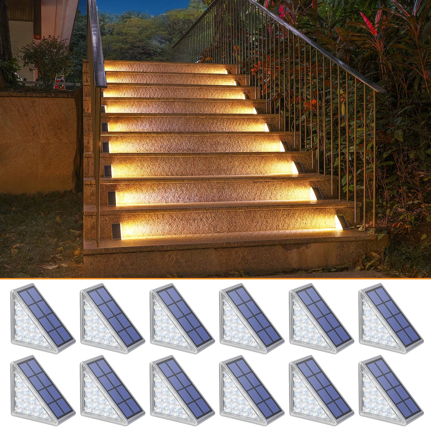 Niorsun Solar Step Lights - 12 Pack Warm White Waterproof Stair Lights, Ip67, Auto On/Off, For Outdoor Steps, Patio, Yard, Porch, Deck Decor