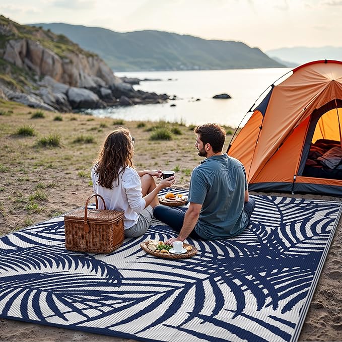 GENIMO Outdoor Rug 9' x 12' Waterproof for Patio Clearance, Reversible Plastic Straw Camping Carpet, Lightweight Mats for Rv, Backyard, Deck, Porch, Picnic, Beach, Balcony, Blue & White