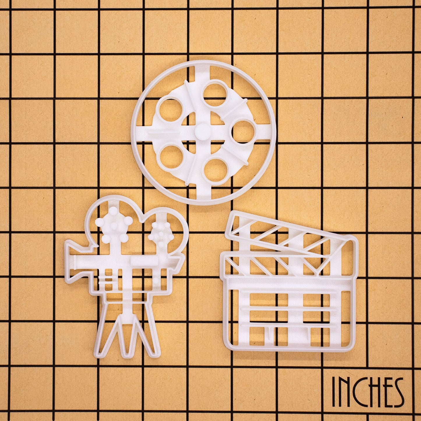 Set of 3 Movie themed cookie cutters (Designs: Movie Reel, Video Camera, and Clapboard), 3 pieces - Bakerlogy