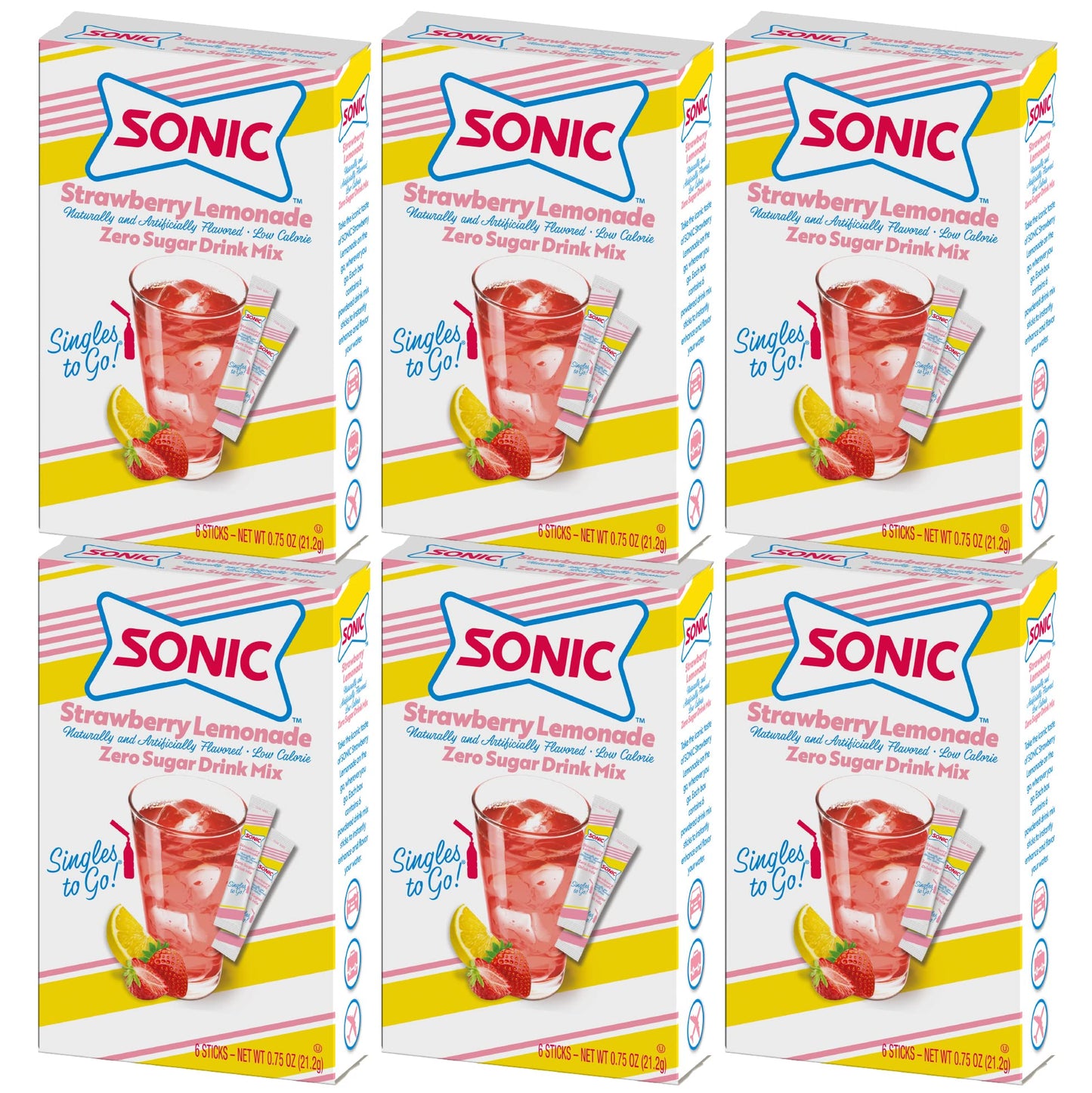Sonic Singles to Go Powdered Drink Mix  Strawberry Lemonade  6 Sticks per Box  6 Boxes included (36 Sticks Total)
