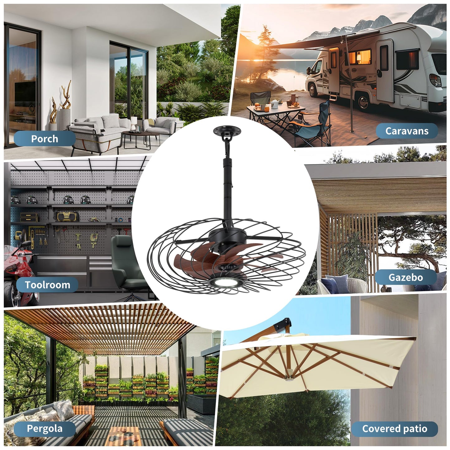 Osgner 20 Outdoor Ceiling Fan With Light  Waterproof Gazebo Fan Remote Control  Dimmable Led Light  Hanging Black Caged Ceiling Fixtures With Plug In Cord For Patios Pergola