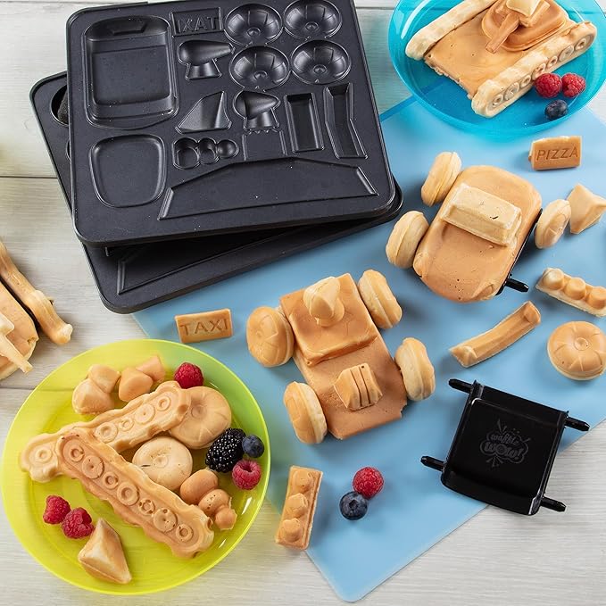 Auto Body Shop Waffle Maker- Mix & Match 20+ Custom Shaped Pieces to Build Cars Trucks or Vehicles Out of WAFFLES! Breakfast Fun for Kids Adults- Nonstick Quick Cleanup w 4 Removable Plates, Xmas Gift