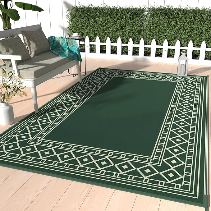 GENIMO Outdoor Rug Waterproof 6'x9' for Patio, Foldable Reversible Plastic Straw Carpet for Travel Trailers, Outside Area Mat for Rv, Deck, Picnic, Porch, Camper, Balcony, Beach, Green & Yellow