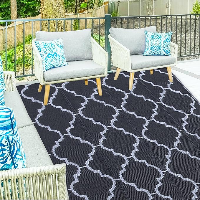 Ogrmar 9x12 FT Reversible Mats, Outdoor Rug for Patio Clearance, Waterproof Carpet, Plastic Straw Rug for Indoor Outdoor, Floor Mat&Rug for RV Porch Camping Backyard Deck Balcony Beach Trailer (Black)