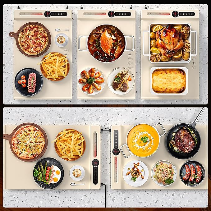 Warming Mat for Food, Roll-UP Fast Heating Silicone with 6 Level Temperature, 2 Zone and 3 Pad Parallel Expansion, Automatic On-Off Timer Setting